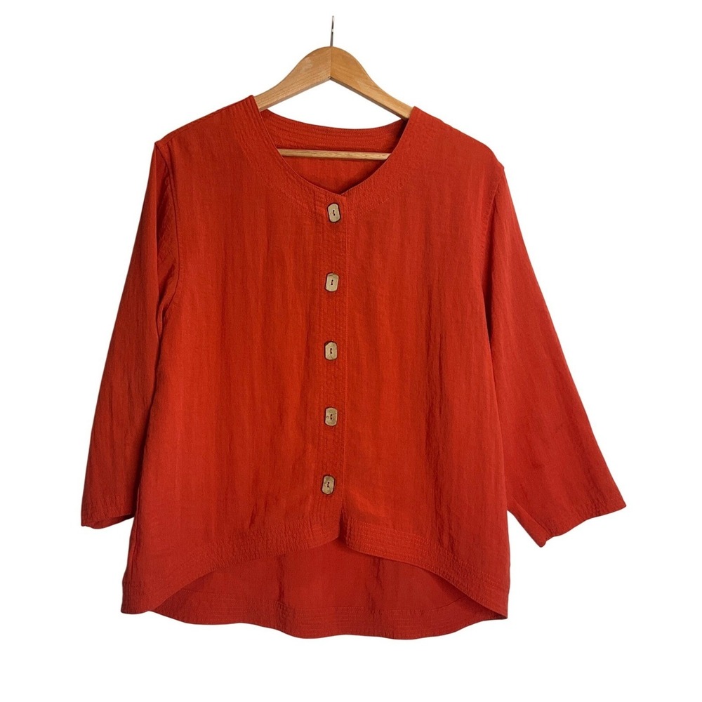 Fridaze 100% Linen Button Up Blouse Top 3/4 Sleeve Lagenlook Minimalist Rust‎ L
